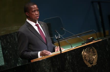 Zambia's President Edgar Lungu speaks at the Nelson Mandela Peace Summit during the 73rd United Nations General Assembly in New York