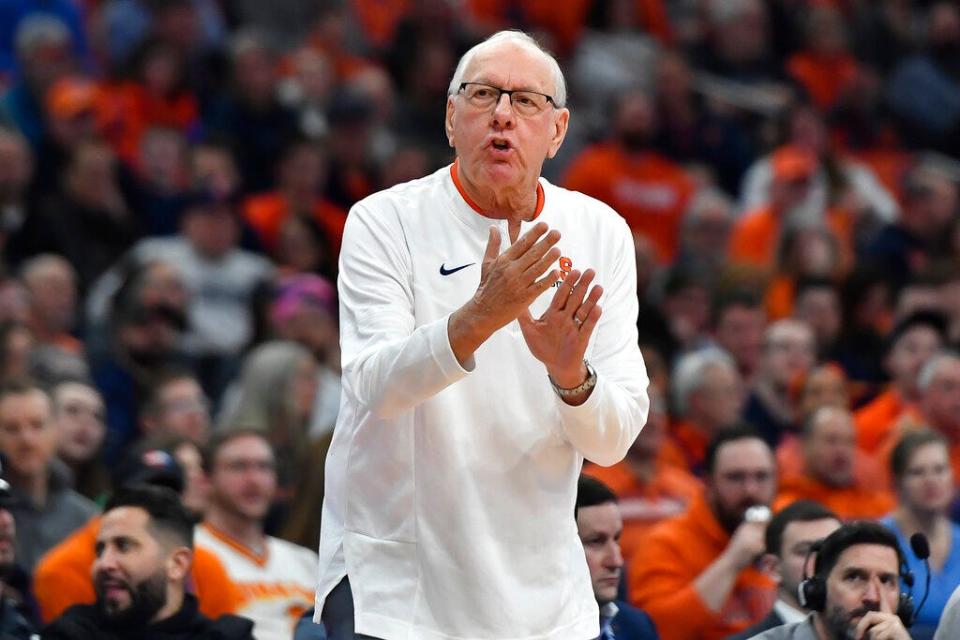 Syracuse head coach Jim Boeheim directs players during the first half of an NCAA college basketball game against Virginia in Syracuse, N.Y., Monday, Jan. 30, 2023. (AP Photo/Adrian Kraus)