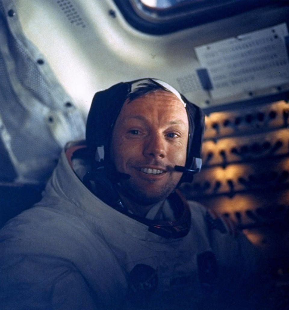 This photograph of Astronaut Neil A. Armstrong, Apollo 11 commander, was taken inside the Lunar Module while the LM rested on the lunar surface, July 20, 1969.  Astronauts Armstrong and Edwin E. Aldrin Jr., lunar module Pilot, had already completed their extravehicular activity when this picture was made.