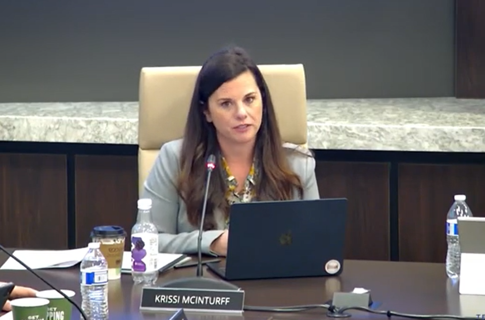 State Board of Education Member Krissi McInturff speaks during the board's quarterly meeting in the Davy Crockett Tower in Nashville, Tenn. on Feb. 16, 2024.