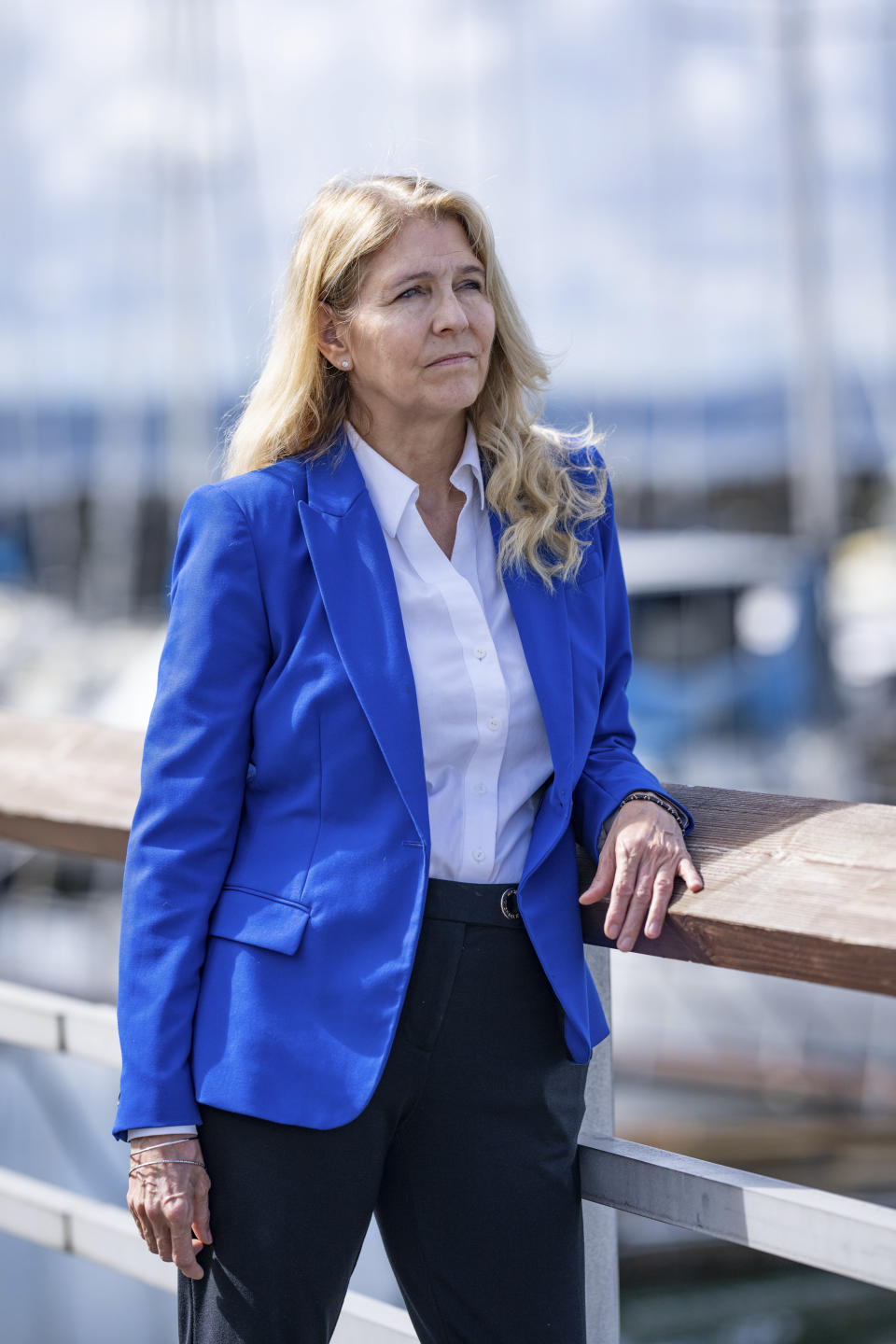 Washington State Rep. Tina Orwall at the marina in Des Moines, Wash, on April 16, 2024. (Ruth Fremson/The New York Times)