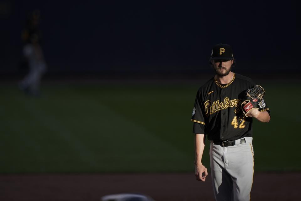 Pittsburgh Pirates starting pitcher JT Brubaker reacts after giving up a home run to Milwaukee Brewers' Christian Yelich during the first inning of a baseball game Saturday, Aug. 29, 2020, in Milwaukee. (AP Photo/Morry Gash)