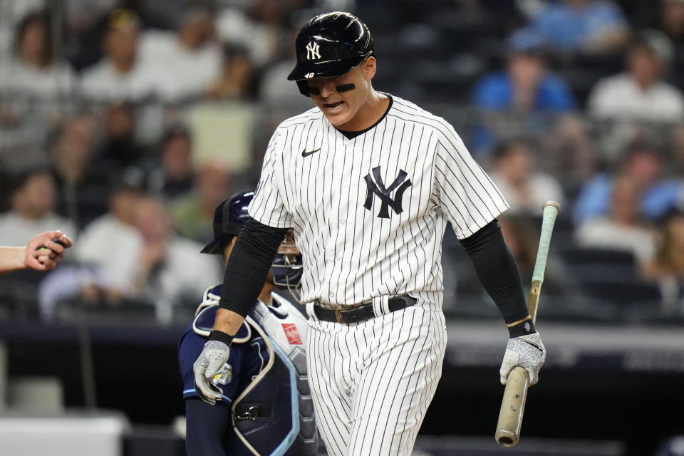 New York Yankees' Anthony Rizzo reacts after striking out during the ninth inning of a baseball game against the Tampa Bay Rays, Monday, July 31, 2023, in New York. (AP Photo/Frank Franklin II)