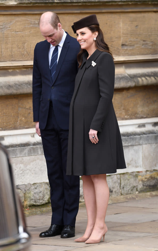 WINDSOR, ENGLAND - APRIL 01:  Prince William, Duke of Cambridge and Catherine, Duchess of Cambridge depart after attending an Easter Service at St George's Chapel on April 1, 2018 in Windsor, England.  (Photo by Karwai Tang/WireImage)