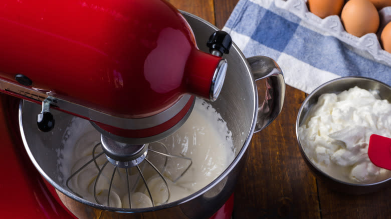 ingredients in red stand mixer