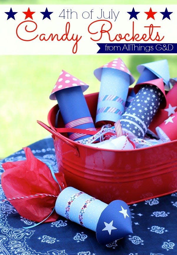 <p>A fun surprise waits inside of these adorable DIY red, white, and blue paper roll rockets. </p><p><strong><em>Get the tutorial from <a href="http://www.allthingsgd.com/2014/06/4th-of-july-candy-rockets/" rel="nofollow noopener" target="_blank" data-ylk="slk:All Things G&D;elm:context_link;itc:0;sec:content-canvas" class="link ">All Things G&D</a>.</em></strong></p>