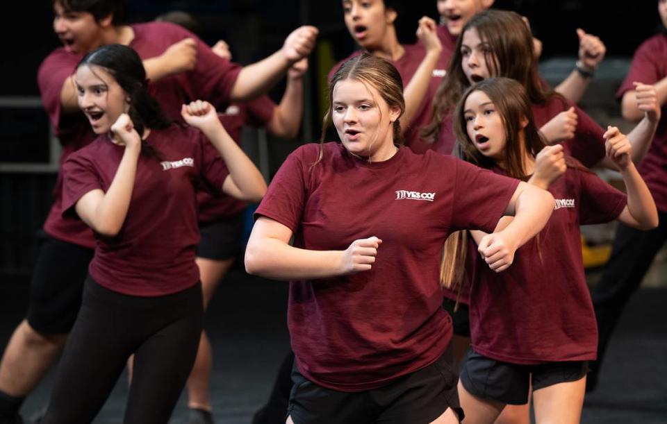 Nikell Goeckeritz as Morticia, middle, and other members of YES Company rehearse for the upcoming production of “The Addams Family — School Edition” at the Gallo Center for the Arts in Modesto, Calif., Wednesday, July 5, 2023.