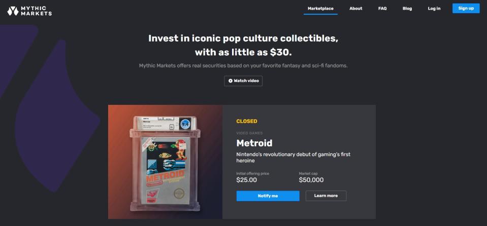 A screenshot of the Mythic Markets website, which is a portal for stock market-like investing with collectibles.