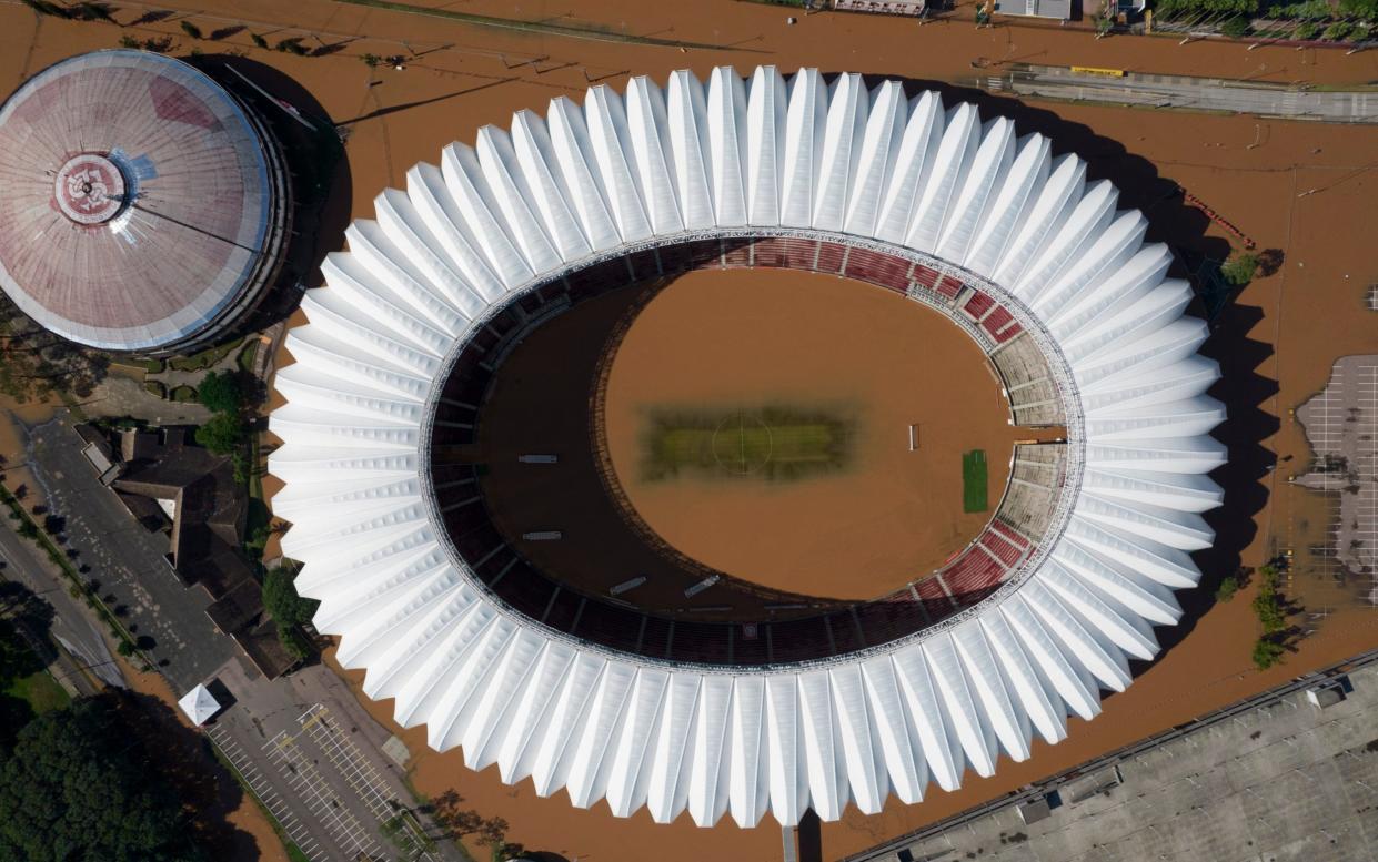 Aerial view of the flooded Beira-Rio stadium of the Brazilian football team Internacional in Porto Alegre, Rio Grande do Sul state, Brazil