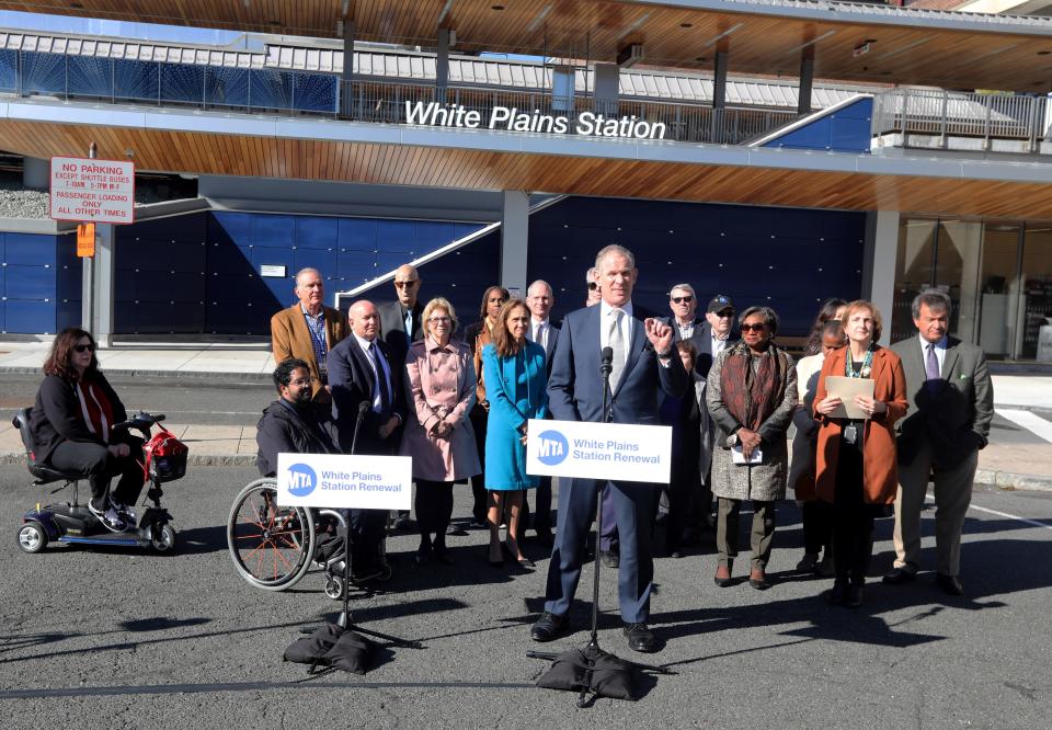 Janno Lieber, acting head of the Metropolitan Transit Authority, along with elected officials, held an event marking the completion of Metro-North's White Plains Station Renewal Project Nov. 1, 2021. The renovation included a remodeled entrance, lobby, restrooms, and waiting area. It also included wood ceilings, extended platforms, a new ADA compliant elevator, and digital information screens. 