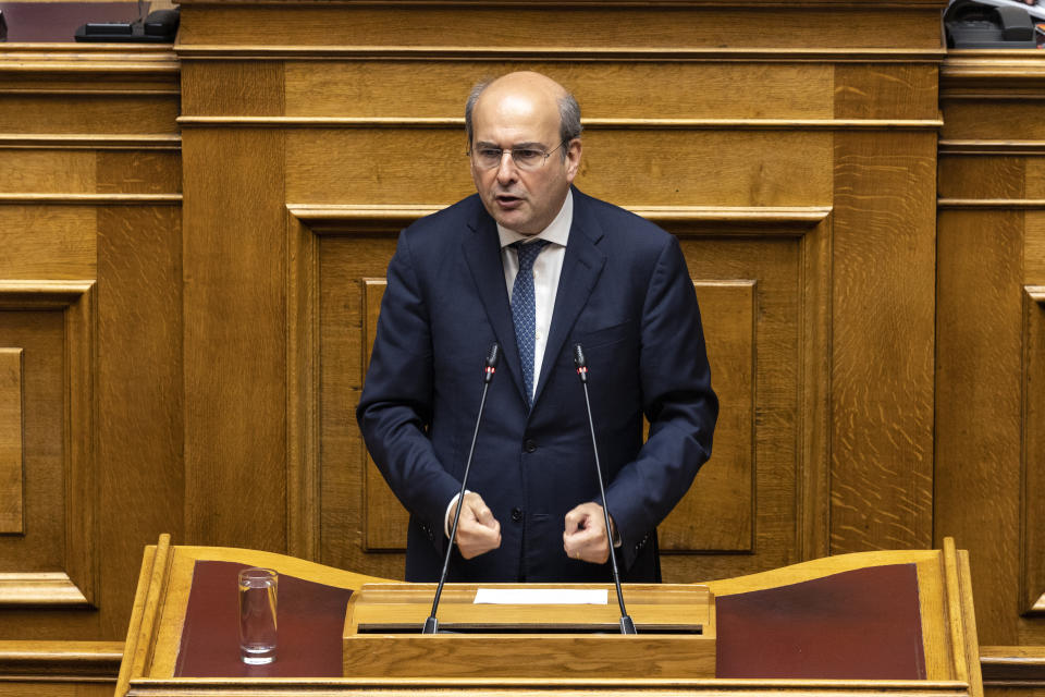 National Economy and Finance Minister Kostis Hatzidakis addresses lawmakers during a parliament session in Athens, Greece, Saturday, July 8, 2023. The newly elected Greek government won a vote of confidence from the parliament, following a three-day debate. (AP Photo/Yorgos Karahalis)