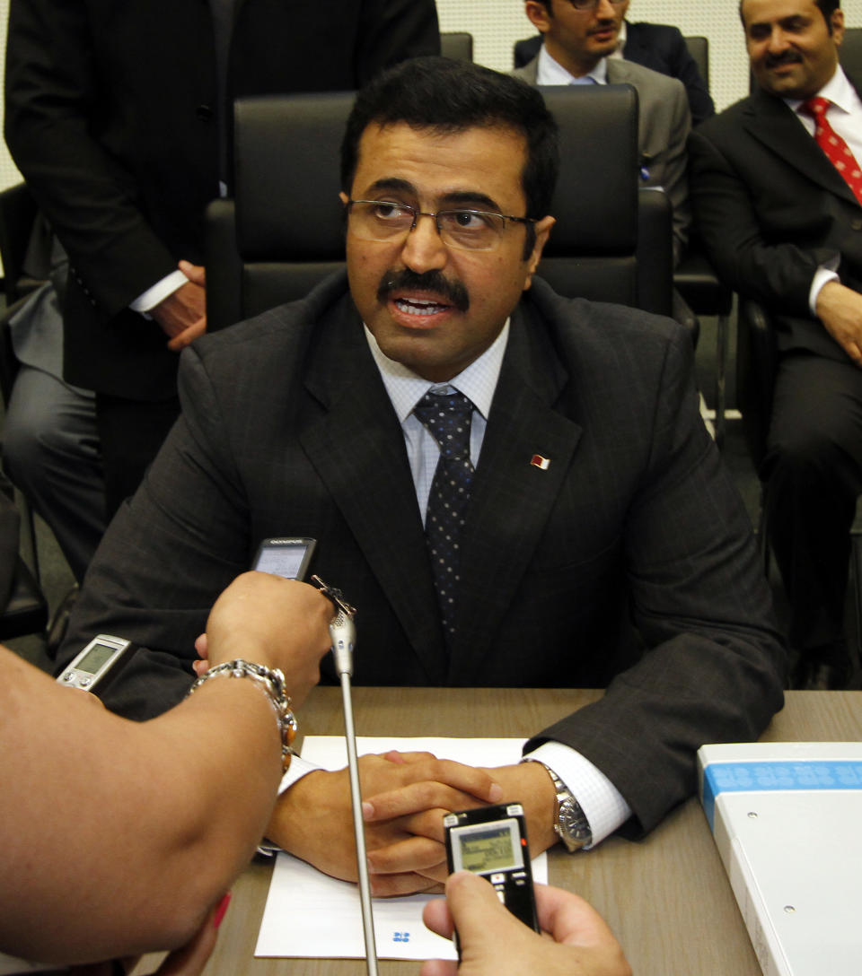 Qatar's Minister of Energy and Industry Mohammed Bin Saleh Al-Sada speaks to journalists prior to the start of the meeting of the Organization of the Petroleum Exporting Countries, OPEC, at their headquarters in Vienna, Austria, on Thursday, June 14, 2012. The meeting of the 12 oil ministers of the OPEC focuses on price and production targets. (AP Photo/Ronald Zak)