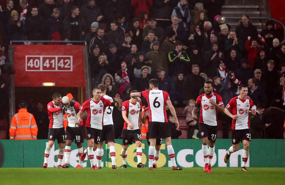 Southampton’s players celebrate their goal, an own goal scored by Tottenham Hotspur’s Davinson Sanchez