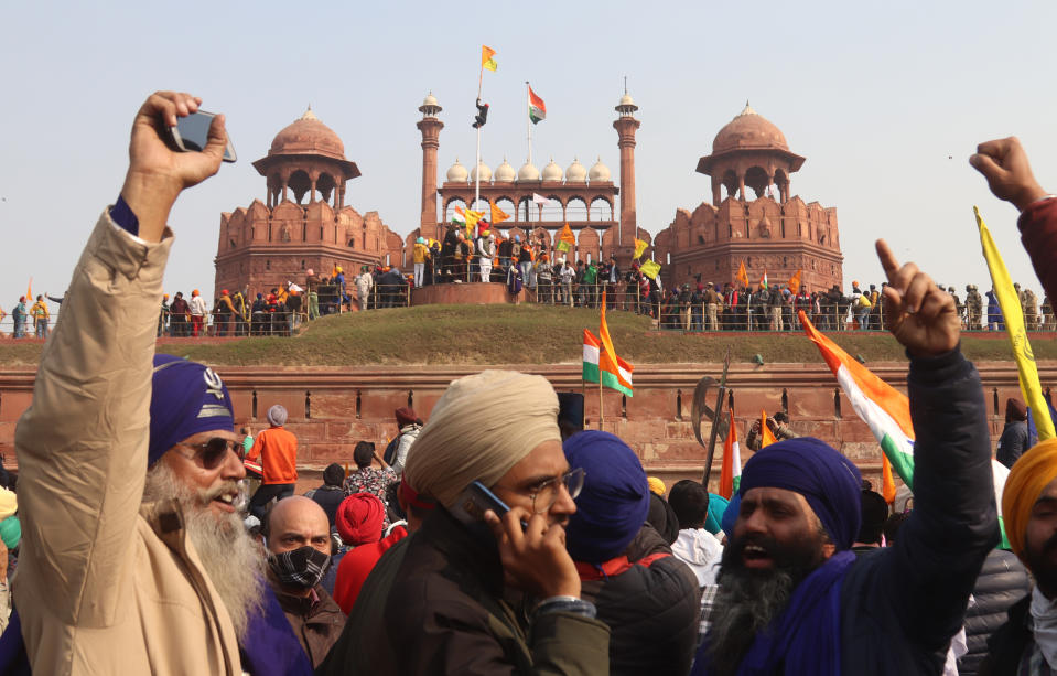 Protesters gathering at the Red Fort during the...