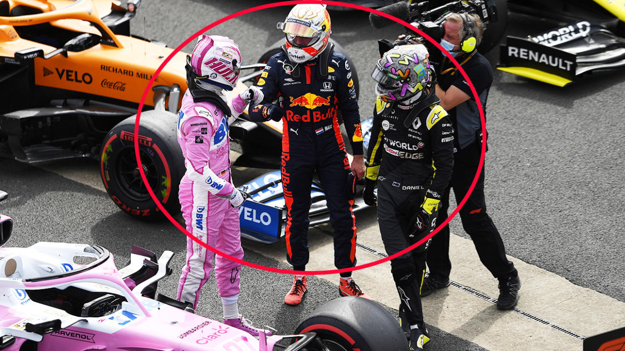 Daniel Ricciardo and Max Verstappen, pictured here congratulating Nico Hulkenberg.