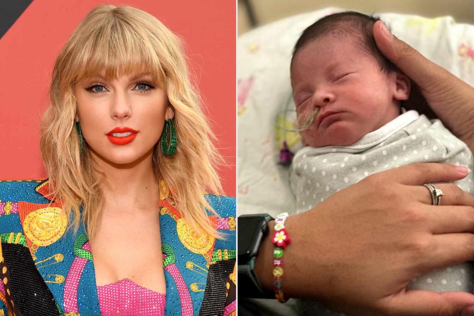 <p>Kevin Mazur/WireImage; Reading Hospital - Tower Health</p> Taylor Swift (L), baby born on Taylor Swift