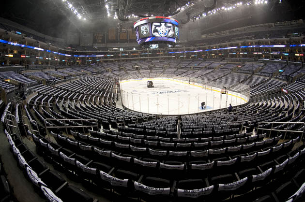 The Staples Center sports arena, home of the Los Angeles Lakers and Clippers  professional basketball teams and the Los Angeles Kings pro hockey team.  Los Angeles, California