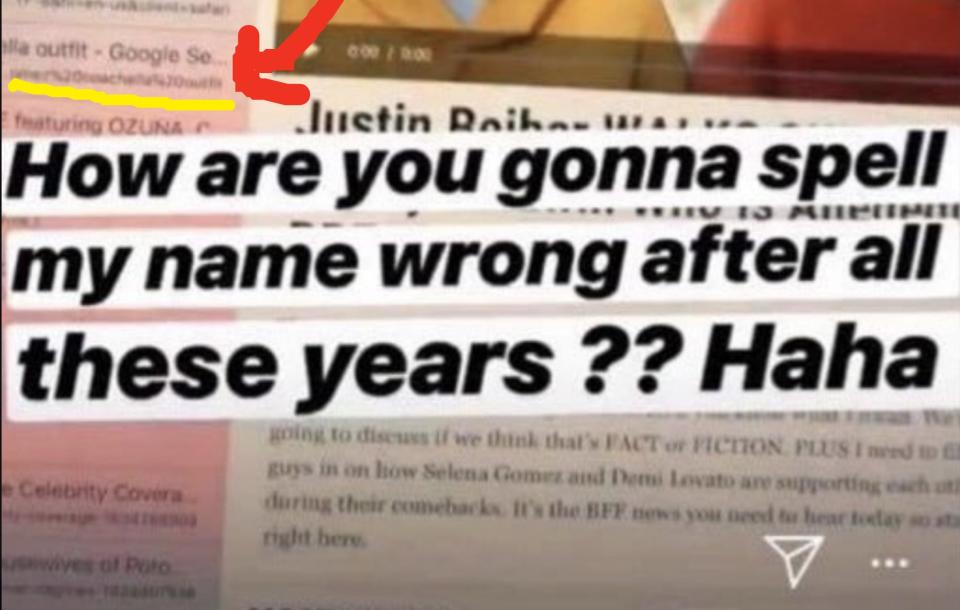 screenshot of Justin expressing surprisse at a news headline that misspells his name, and an arrow pointing to "Gomez Coachella outfit" in his search history