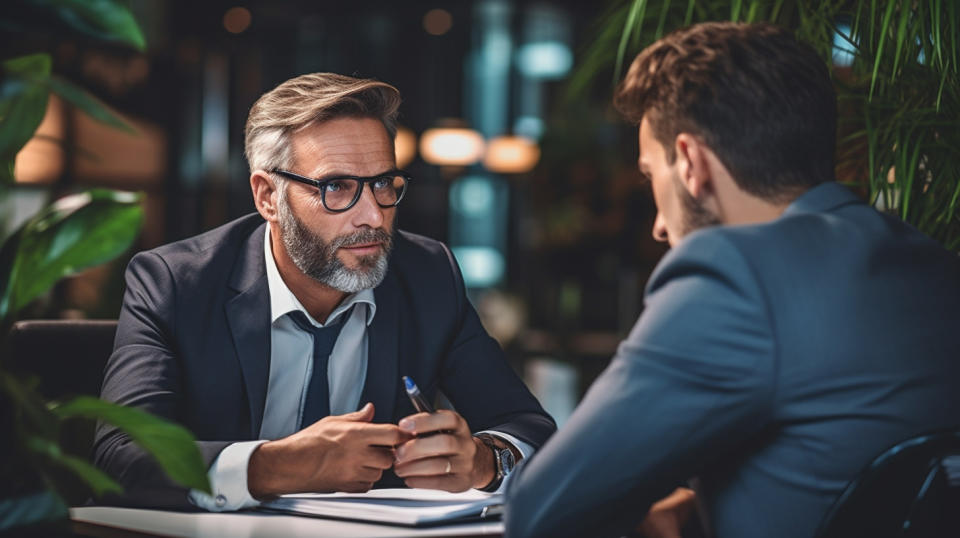 A close-up of a financial advisor giving advice to a customer, demonstrating the importance of consumer and wealth management.