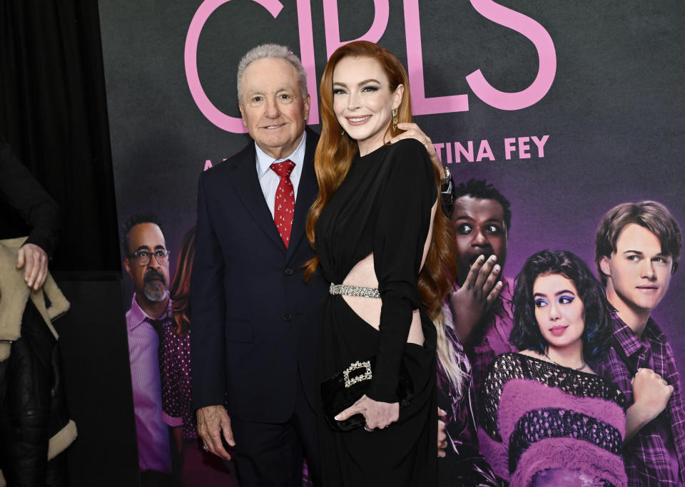 Producer Lorne Michaels, left, and Lindsay Lohan attend the world premiere of "Mean Girls" at AMC Lincoln Square on Monday, Jan. 8, 2024, in New York. (Photo by Evan Agostini/Invision/AP)