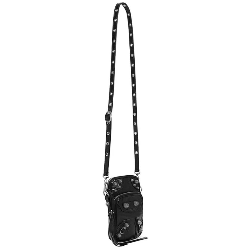 black leather phone crossbody bag with silver hardware embellishments