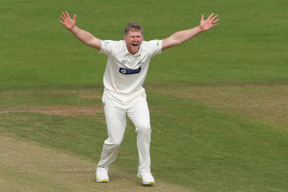 Timm Van der Gugten of Glamorgan appeals for a wiclet during the LV= County Championship match between Durham County Cricket Club and Glamorgan County Cricket Club at Emirates Riverside, Chester le Street on Monday 6th September 2021.  (Photo by Will Matthews/MI News/NurPhoto)NO USE FRANCE