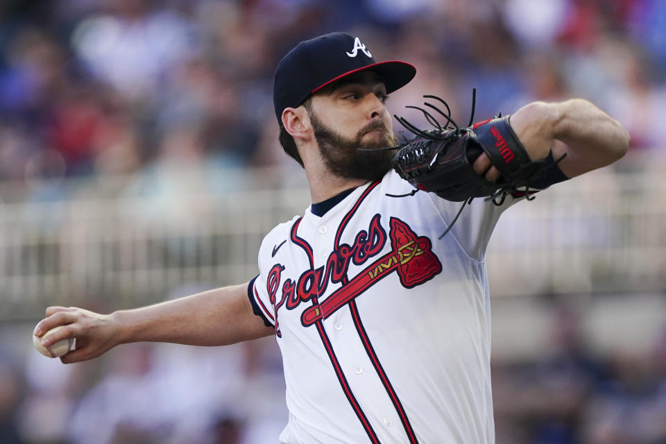 Atlanta Braves starting pitcher Ian Anderson (36) works in the first inning of a baseball game against the Boston Red Sox Wednesday, May 11, 2022, in Atlanta. (AP Photo/John Bazemore)