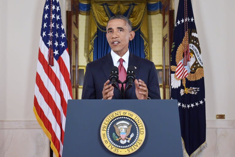 U.S. President Barack delivers a prime time address from the Cross Hall of the White House on September 10, 2014, in Washington, D.C. Vowing to target the Islamic State with airstrikes "wherever they exist," Obama pledged to lead a broad coalition to fight the terror group and work with "partner forces" on the ground in Syria and Iraq. File Photo by Saul Loeb/UPI