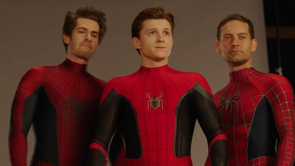 Andrew Garfield, Tobey Maguire, and Tom Holland in Spider-Man No Way Home