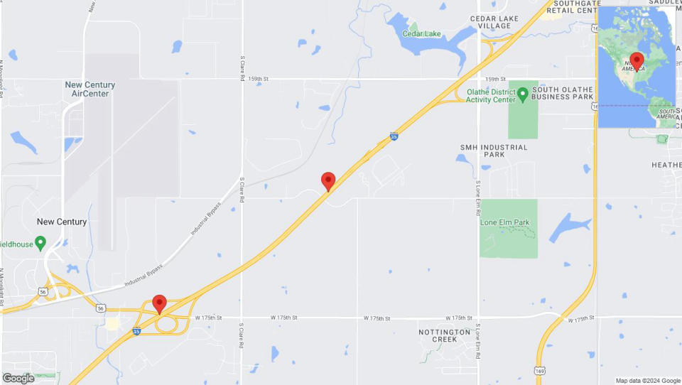 A detailed map that shows the affected road due to 'Drivers cautioned as heavy rain triggers traffic concerns on westbound I-35 in Olathe' on June 28th at 9:57 p.m.