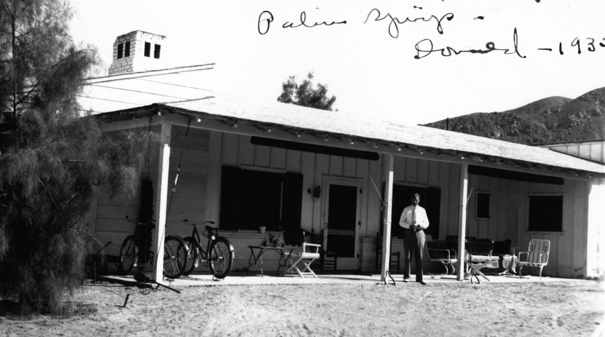 Donald Gilmore in front of his house at Smoke Tree Ranch 1936.