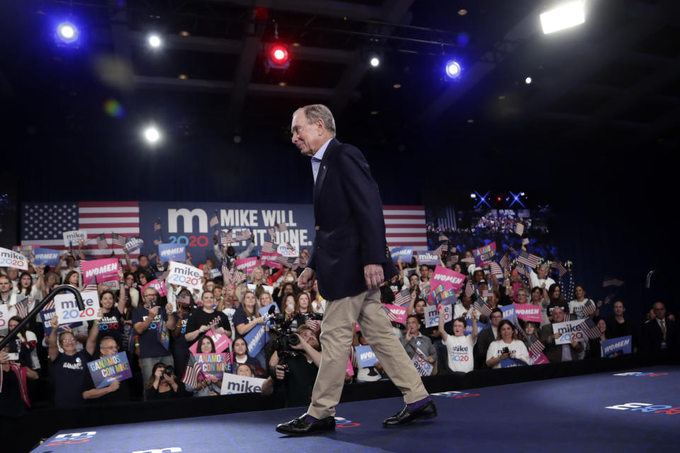 Former New York City Mayor Mike Bloomberg walks off stage after speaking during a rally Tuesday in West Palm Beach, Florida. (Photo: ASSOCIATED PRESS)