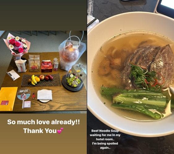 一到飯店Ailee就看到粉絲為她準備的禮物還有最愛的牛肉麵。（圖／翻攝自Ailee IG）
