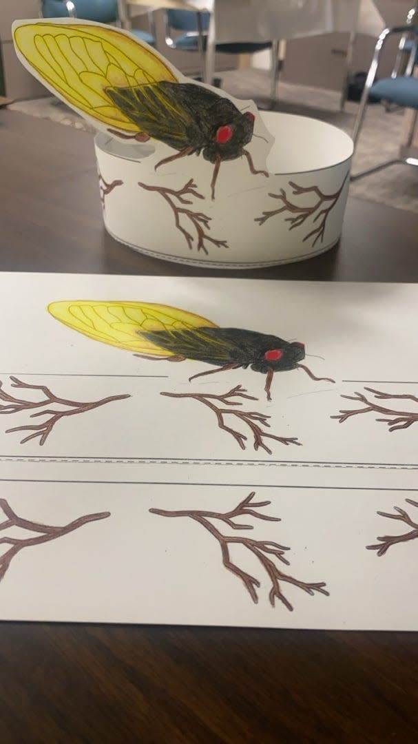 A cicada crown to color in Nancy Kuhajda of the University of Illinois Extension uses when teaching Kindergarteners through third graders about periodical cicadas.