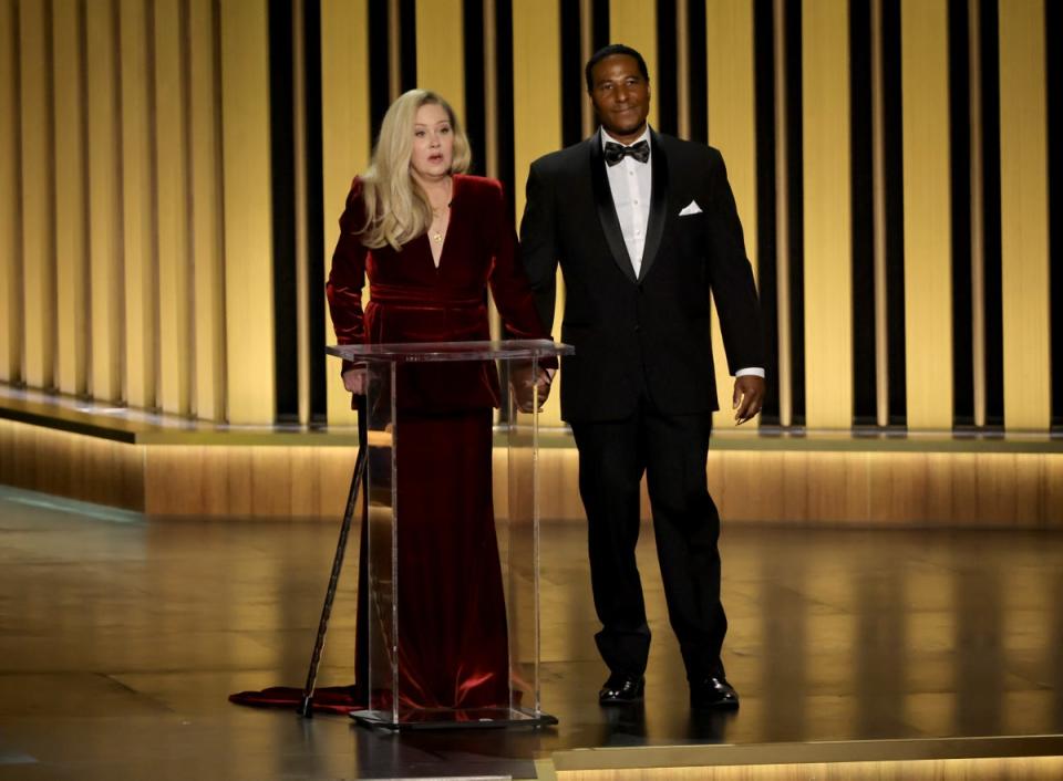 Christina Applegate speaks speaks onstage at the 75th Primetime Emmy Awards in Los Angeles on 15 January 2024 (Getty)