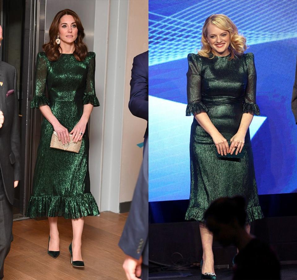 <p>Kate Middleton ignited the internet when she donned this Vampire's Wife ruffled emerald lamé dress during her 2020 visit to Ireland. The dress is known as a<a href="https://www.harpersbazaar.com/celebrity/latest/a31212482/kate-middleton-princess-beatrice-same-green-dress/" rel="nofollow noopener" target="_blank" data-ylk="slk:favorite among influencers and the fashion set;elm:context_link;itc:0;sec:content-canvas" class="link "> favorite among influencers and the fashion set</a> and was even worn by Elisabeth Moss a few years earlier at a press event. </p>