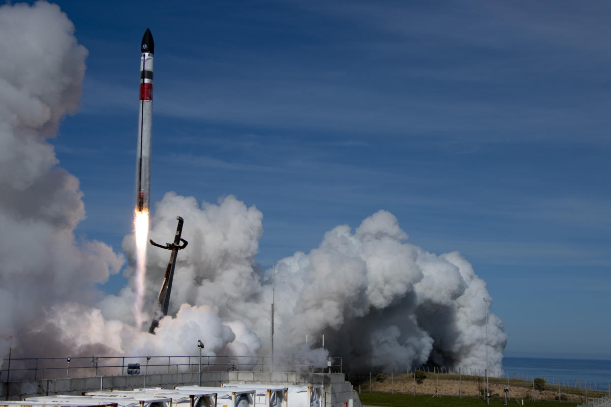  A Rocket Lab Electron booster launches 34 satellites to orbit on the "There And Back Again" mission on May 2, 2022. 