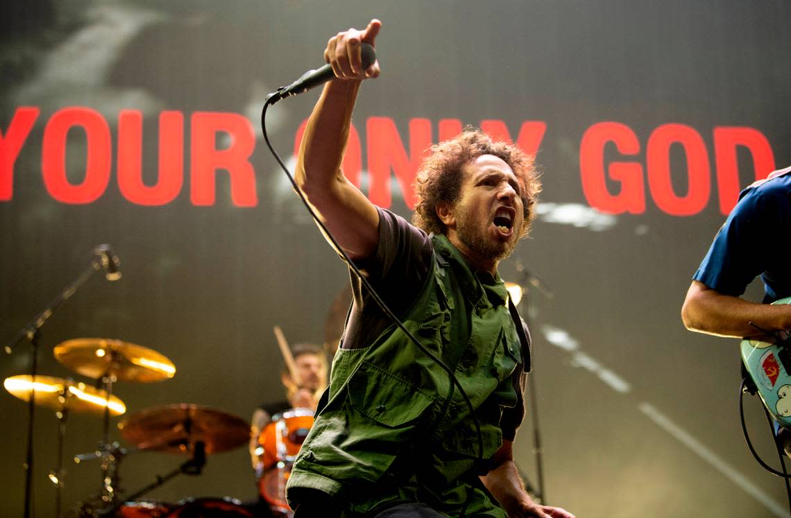 Rage Against the Machine’s Zack de la Rocha in concert, Sunday night, July 31, 2022 at Raleigh, N.C.’s PNC Arena.