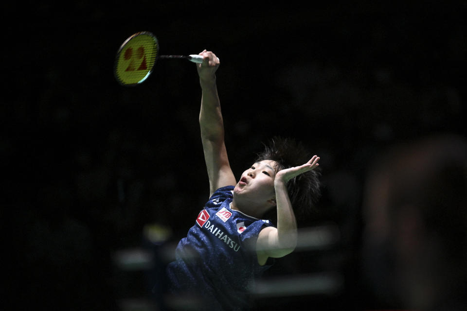 Akane Yamaguchi of Japan hits a return against Chen Yufei of China during their women's singles final match at the World Badminton Championships in Tokyo on August 28, 2022. (Photo by Philip FONG / AFP) (Photo by PHILIP FONG/AFP via Getty Images)