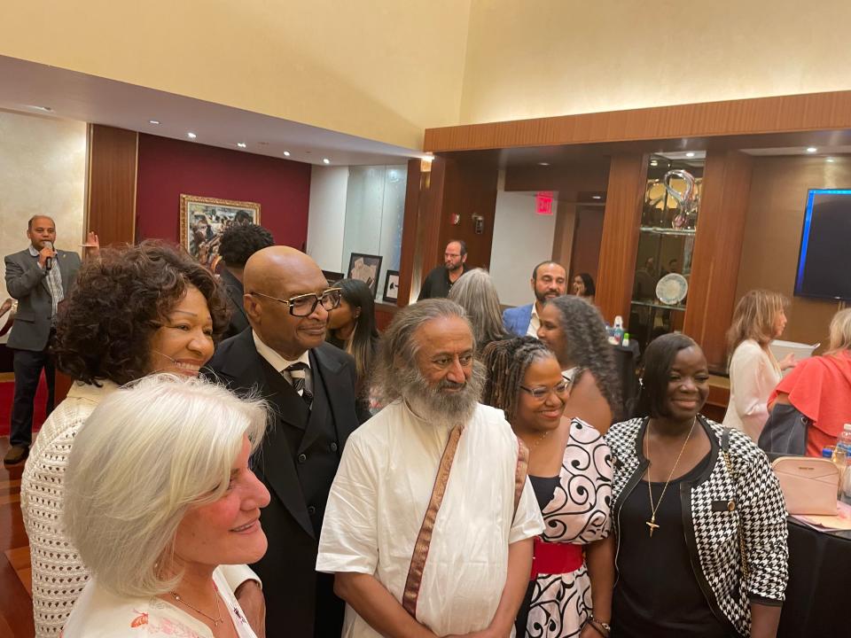 On tour in the U.S., Gurudev Sri Sri Ravi Shankar met with supporters on Aug. 22, 2023, at Orchestra Hall in Detroit before speaking to 1,200 people. He called for a society free of violence and disease: "It's only the inner peace that can bring the outer peace."