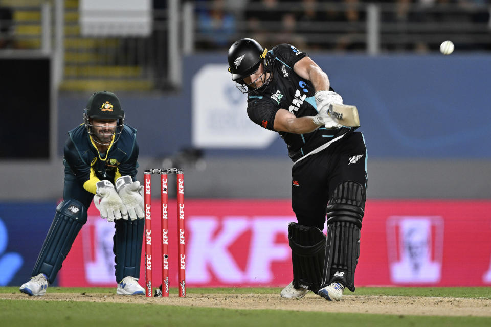 New Zealand's Glenn Phillips bats during the T20 cricket international between Australia and New Zealand at Eden Park in Auckland, New Zealand, Friday, Feb. 23, 2024. (Andrew Cornaga/Photosport via AP)