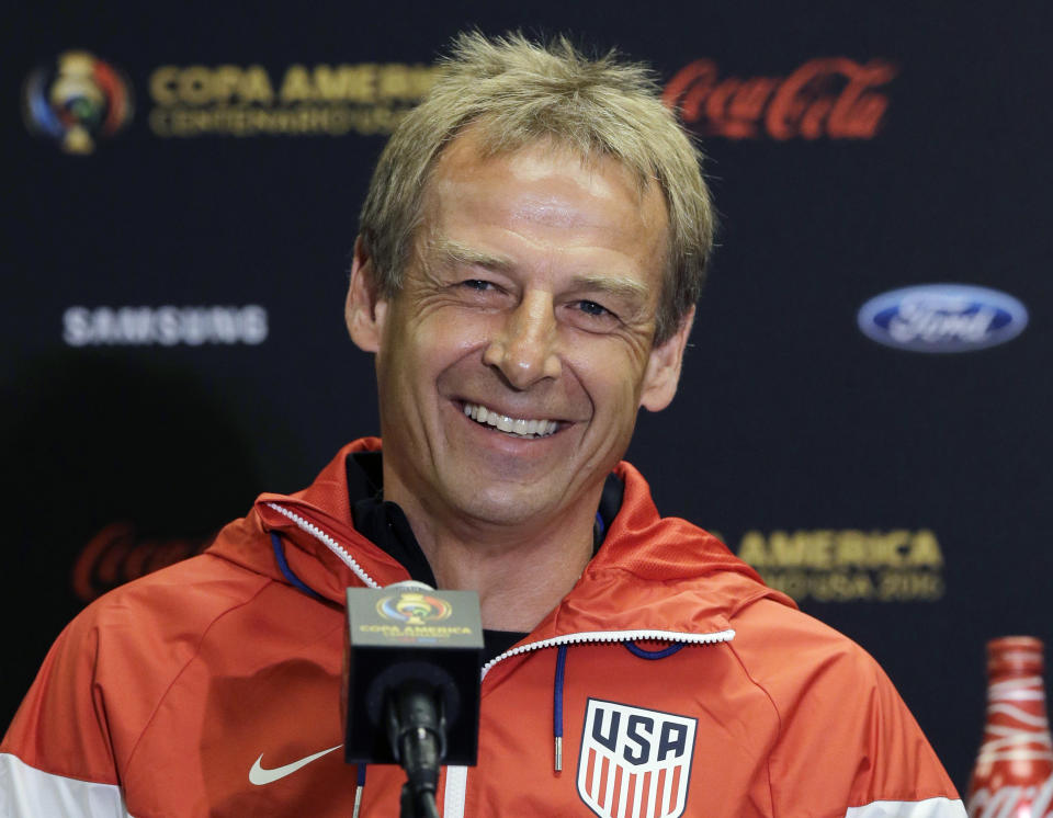 FILE - Then-U.S. men's soccer coach Jurgen Klinsmann talks to reporters during a Copa America Centenario news conference, June 20, 2016, in Houston. Former United States coach Klinsmann says the fallout from the public dispute between coach Gregg Berhalter and the family of young star Gio Reyna is “obviously not looking good” for U.S. soccer. Klinsmann, who coached the men’s national team from 2011-2016, said Wednesday, Jan. 18, 2023, he felt the problems between Berhalter and Reyna may have played a role in the team’s underwhelming performance at the World Cup in Qatar. (AP Photo/Eric Gay, File)