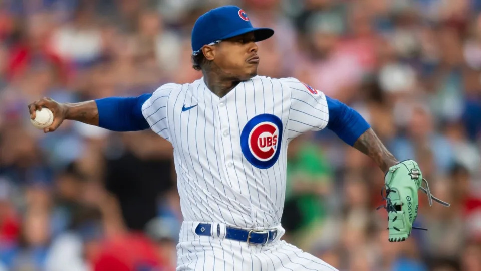 Jul 31, 2023; Chicago, Illinois, USA; Chicago Cubs starting pitcher Marcus Stroman (0) pitches during the first inning against the Cincinnati Reds at Wrigley Field.