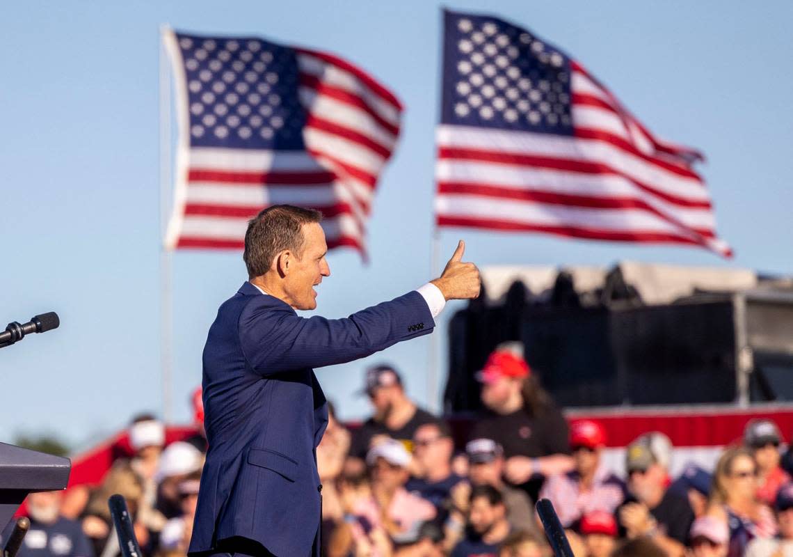 District 13 U.S. Rep. and U.S. Senate candidate Ted Budd takes the leaves the stage during a rally featuring former president Donald Trump at Wilmington International Airport Friday, Sept. 23, 2023.