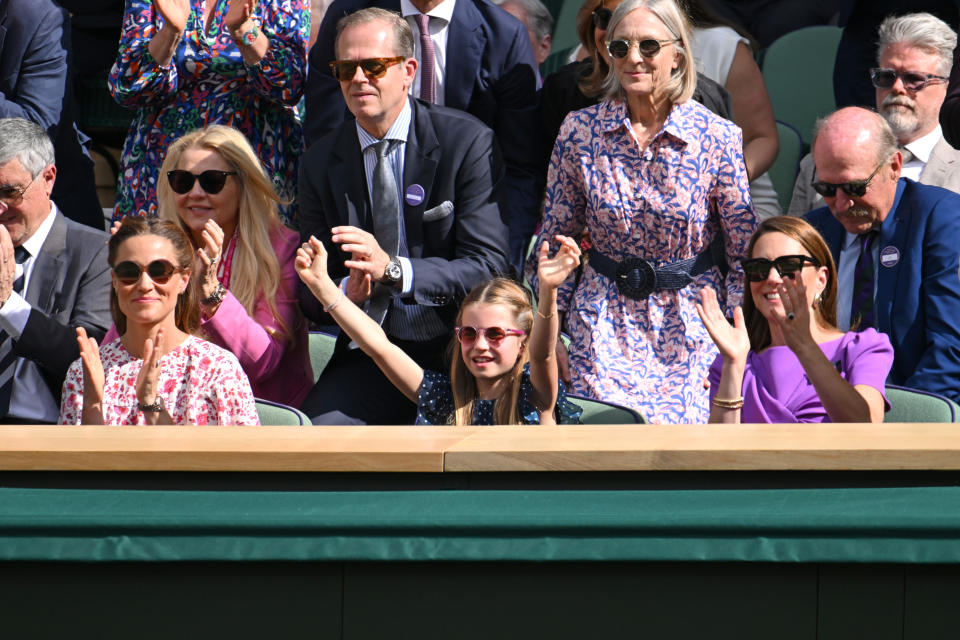 The Princess of Wales sat next to her daughter, Princess Charlotte, and her sister, Pippa Matthews. (Photo by Karwai Tang/WireImage)