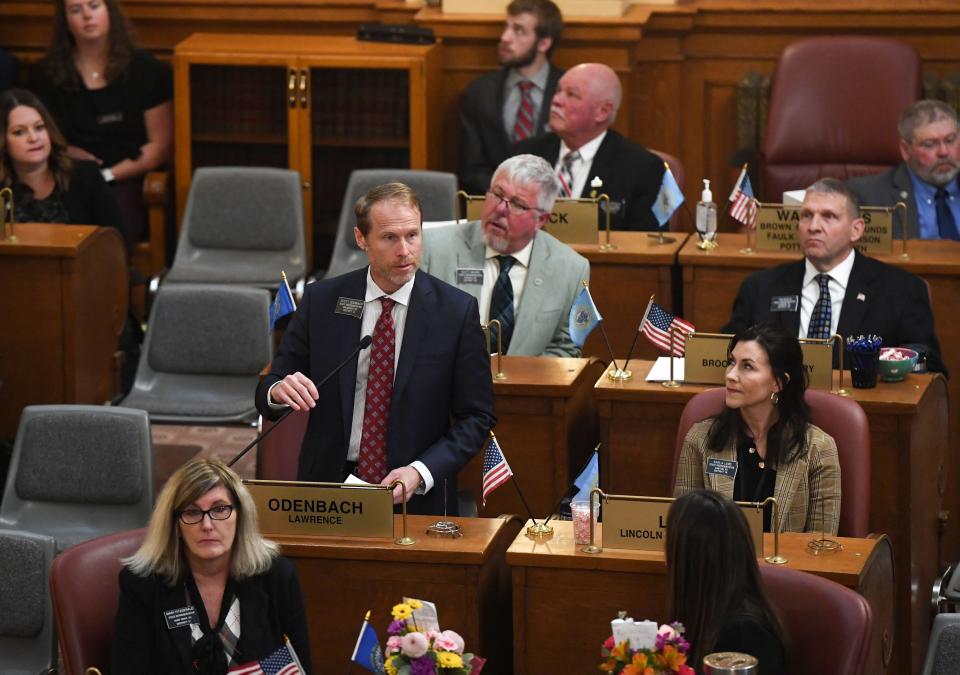 S.D. Representative Scott Odenbach speaks during the first day of legislative session on Tuesday, January 10, 2023, at the South Dakota State Capitol in Pierre.