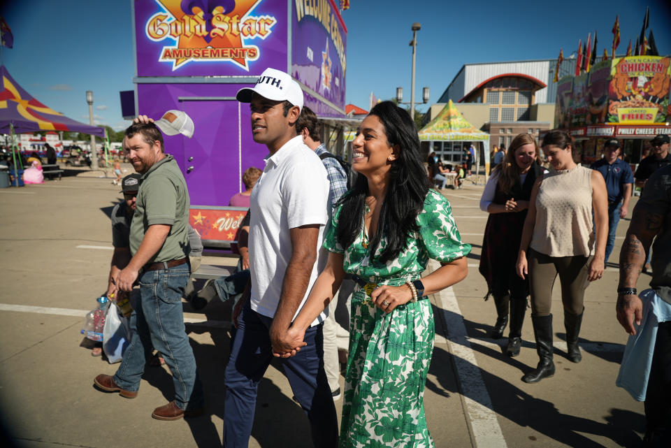 Apoorva Ramaswamy campaigns with her husband, Vivek Ramaswamy, at the Clay County Fair in Spencer, Iowa, on Sept. 17, 2023. (Alex Tabet / NBC News)