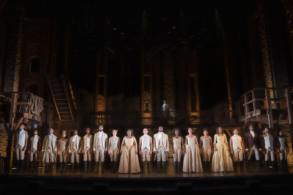 The cast of the national tour of the musical “Hamilton,” which is presented in Sarasota at the Van Wezel Performing Arts Hall March 26-April 7.