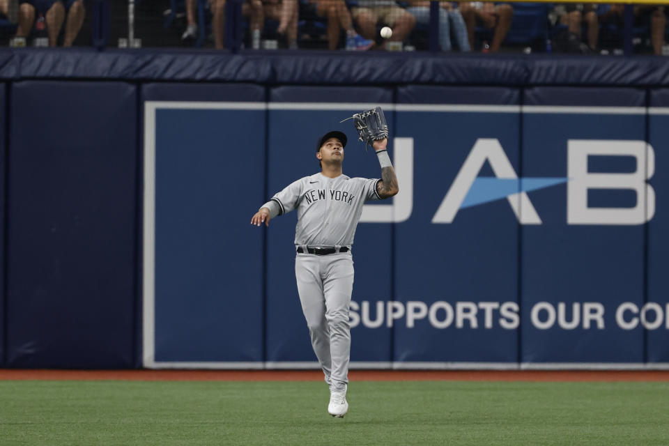 New York Yankees left fielder Everson Pereira catches a fly ball hit by Tampa Bay Rays' Josh Lowe for an out during the third inning of a baseball game Saturday, Aug. 26, 2023, in St. Petersburg, Fla. (AP Photo/Scott Audette)