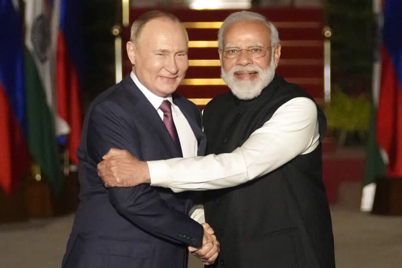 印俄關係。俄羅斯總統普京與印度總理莫迪。（美聯社）